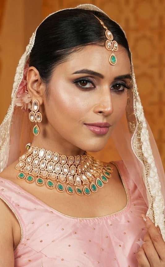 The Imperial Grace: Gold Kundan & Mint Emerald Bridal Choker Set