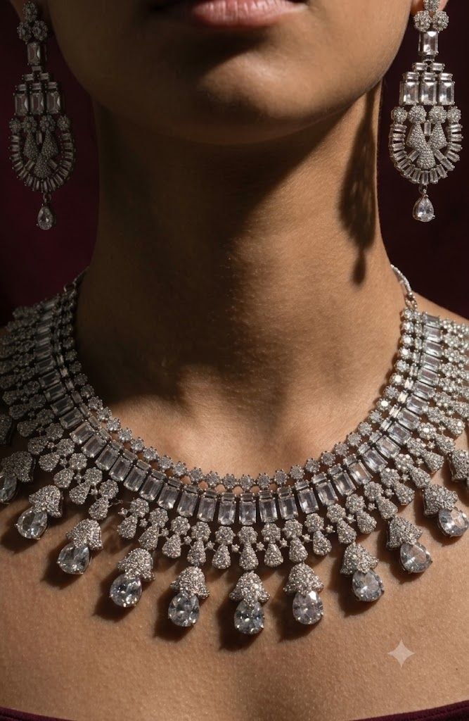 The Starlight Empress: Silver & Baguette Crystal Choker Set