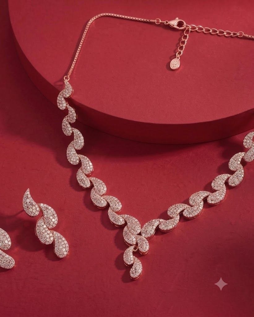 The Rose Serpentine: Rose Gold & Crystal Leaf Necklace Set