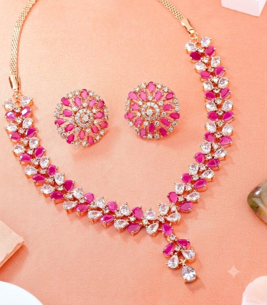 The Radiant Blossom: Rose Gold, Ruby & Diamond-Tone Floral Necklace Set