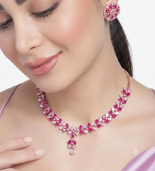 The Radiant Blossom: Rose Gold, Ruby & Diamond-Tone Floral Necklace Set