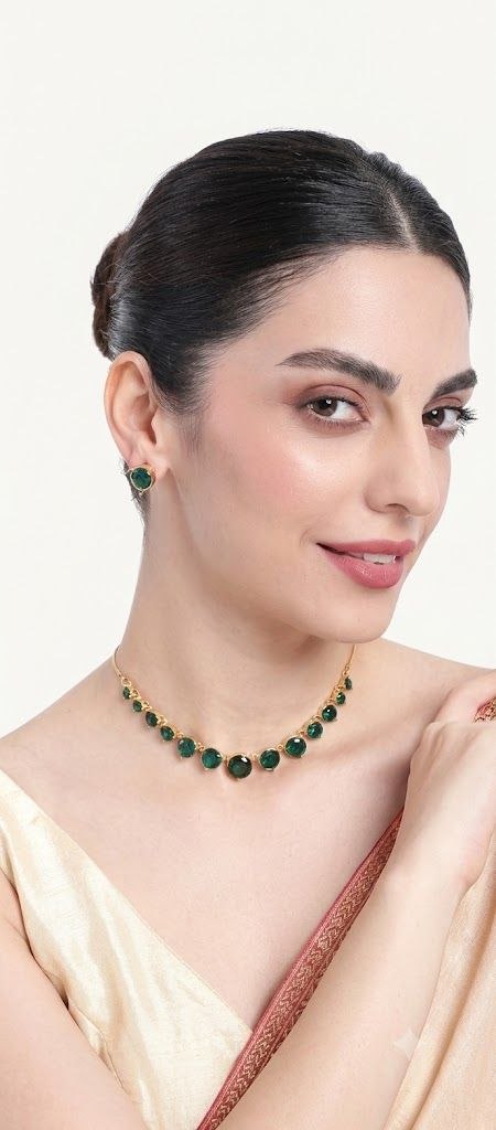 The Emerald Aura: Gold-Plated Round Gemstone Necklace Set