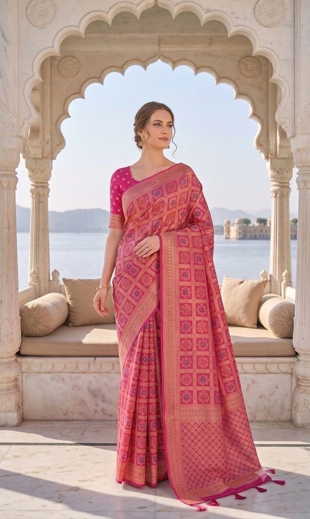 Majestic Magenta & Gold Geometric Jamdani Saree