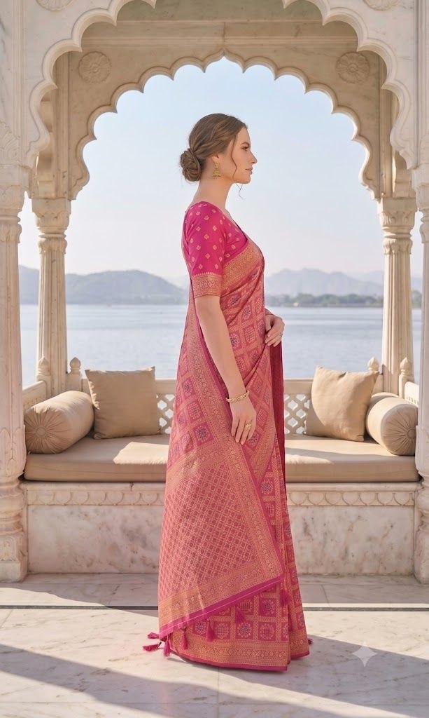 Majestic Magenta & Gold Geometric Jamdani Saree