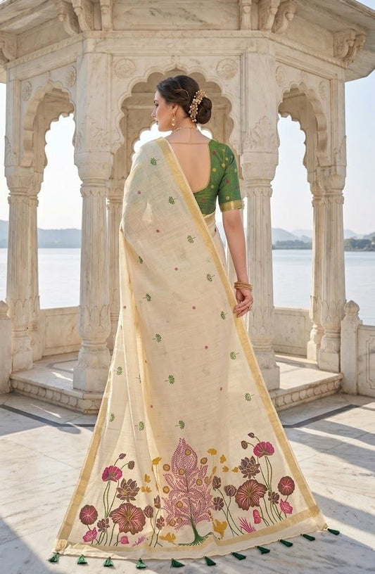 Royal Heritage Ivory & Emerald Handloom Jamdani  Saree