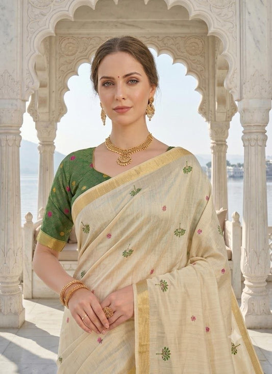 Royal Heritage Ivory & Emerald Handloom Jamdani  Saree