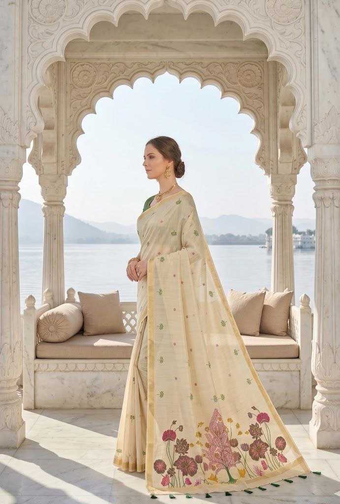 Royal Heritage Ivory & Emerald Handloom Jamdani  Saree