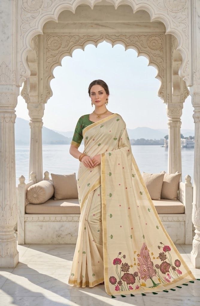 Royal Heritage Ivory & Emerald Handloom Jamdani  Saree