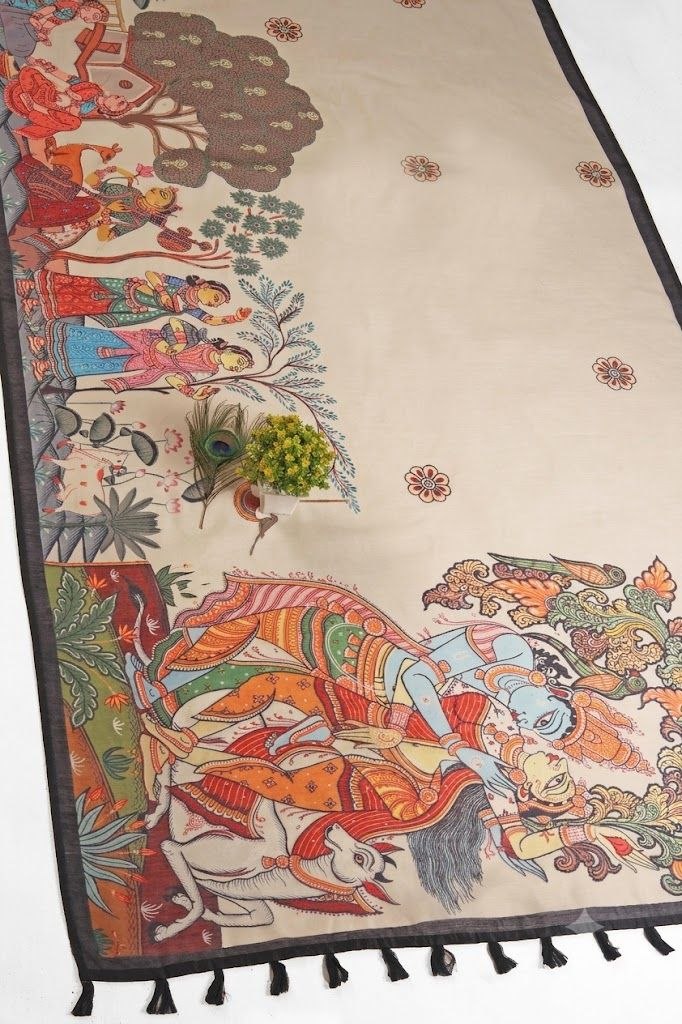 Ethereal Ivory Chanderi Silk Saree with Hand-Painted Kalamkari Art