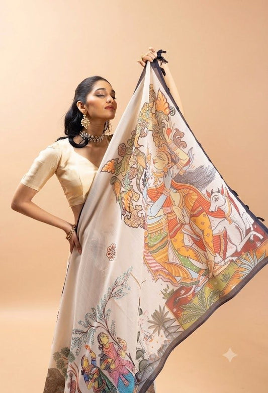Ethereal Ivory Chanderi Silk Saree with Hand-Painted Kalamkari Art