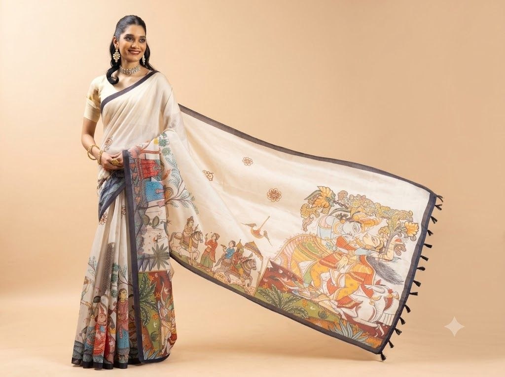 Ethereal Ivory Chanderi Silk Saree with Hand-Painted Kalamkari Art