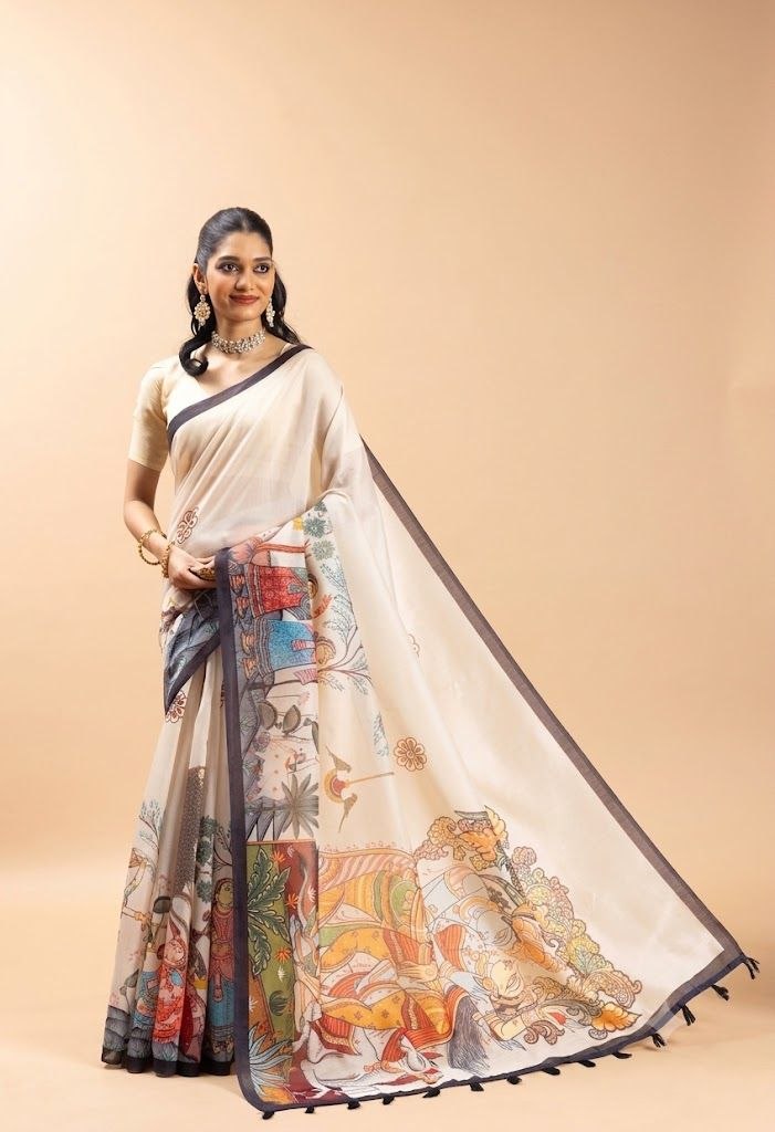 Ethereal Ivory Chanderi Silk Saree with Hand-Painted Kalamkari Art