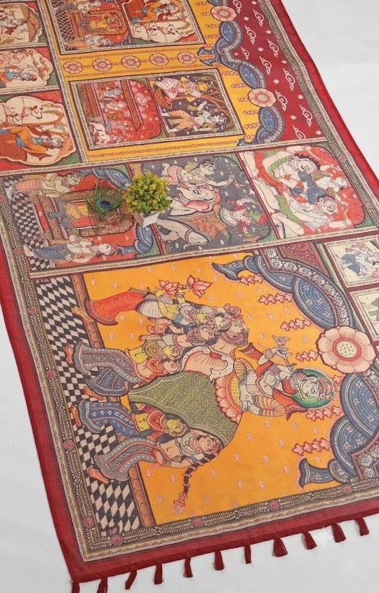 Regal Crimson & Ochre Chanderi Saree with Kalamkari Storyline Prints