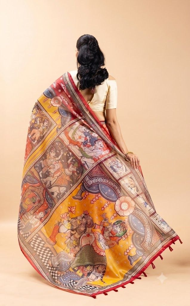 Regal Crimson & Ochre Chanderi Saree with Kalamkari Storyline Prints