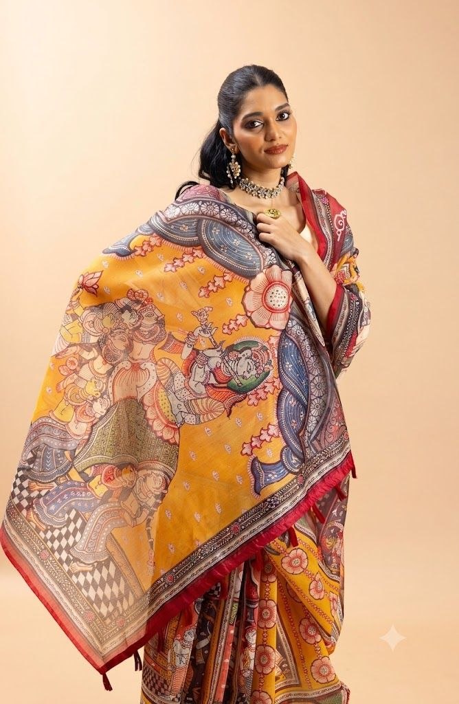 Regal Crimson & Ochre Chanderi Saree with Kalamkari Storyline Prints