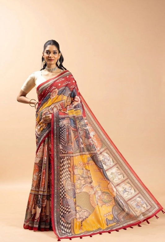 Regal Crimson & Ochre Chanderi Saree with Kalamkari Storyline Prints