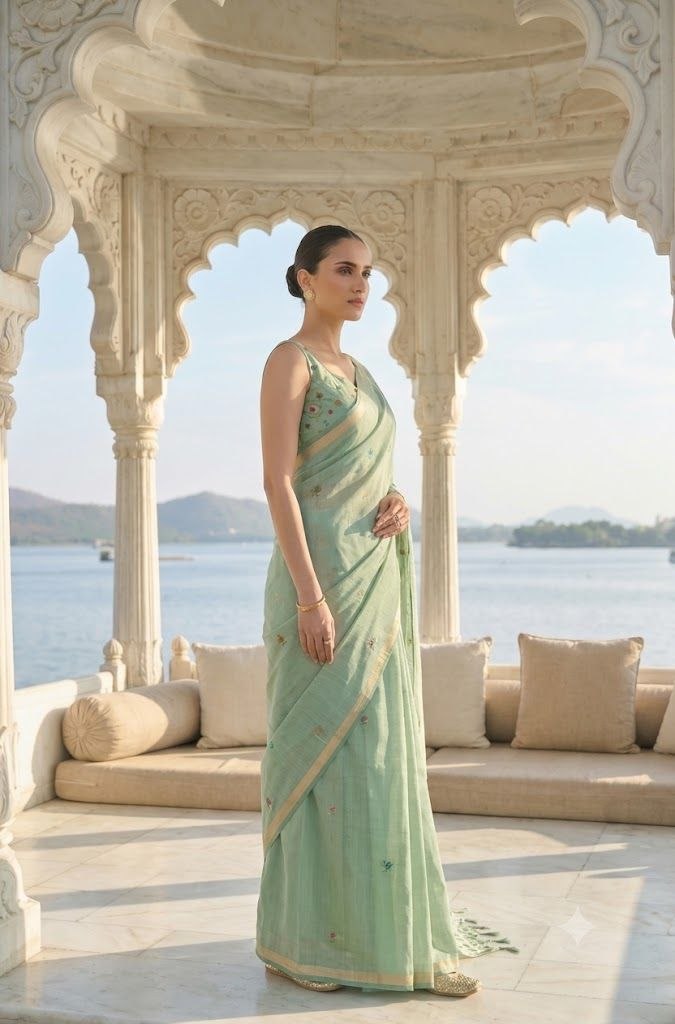 Enchanting Sage Green Jamdani Saree with Bird & Botanical Weaves
