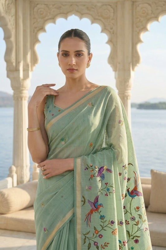 Enchanting Sage Green Jamdani Saree with Bird & Botanical Weaves