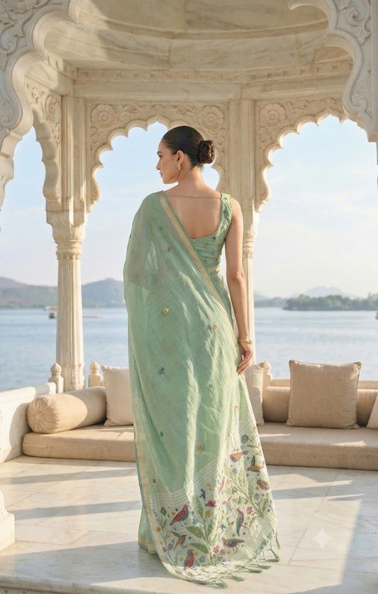 Enchanting Sage Green Jamdani Saree with Bird & Botanical Weaves