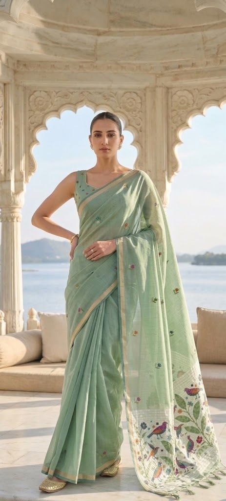 Enchanting Sage Green Jamdani Saree with Bird & Botanical Weaves